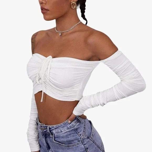 Tops Off Shoulder Long Sleeve Drawstring Crop Top Poshmark
